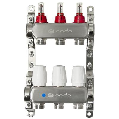 Коллекторная группа ONDO нерж сталь 3 вых. в сборе с расходомерами и термост. клапанами без сливных